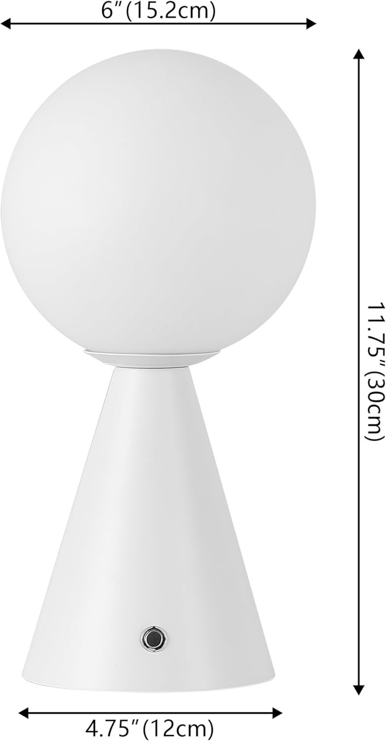 JONATHAN Y 11.75' White Macie Modern Globe Cordless Table Lamp Set of 2, Rechargeable Dimmable Integrated LED Touch Sensor Bedside Lamp, White Frosted Glass Shade (JYL7159E-SET2)