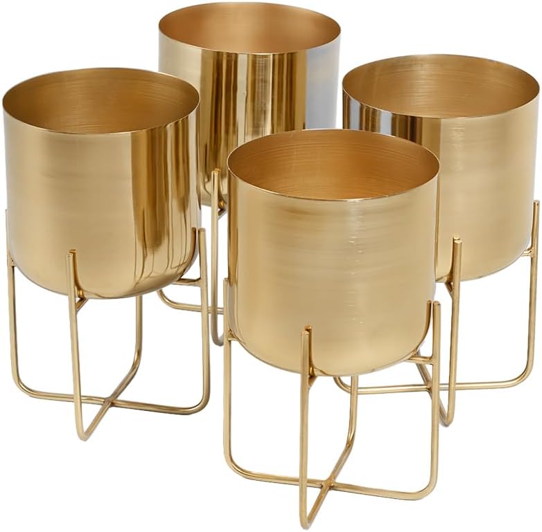 Serene Spaces Living (Set of 4 Short Gold Planter with Detachable Metal Stand, Decorative Indoor Planter Pot, Flower Pots Stand for Living Room, Kitchen, Office, Measures 13' Tall and 7.25' Diameter