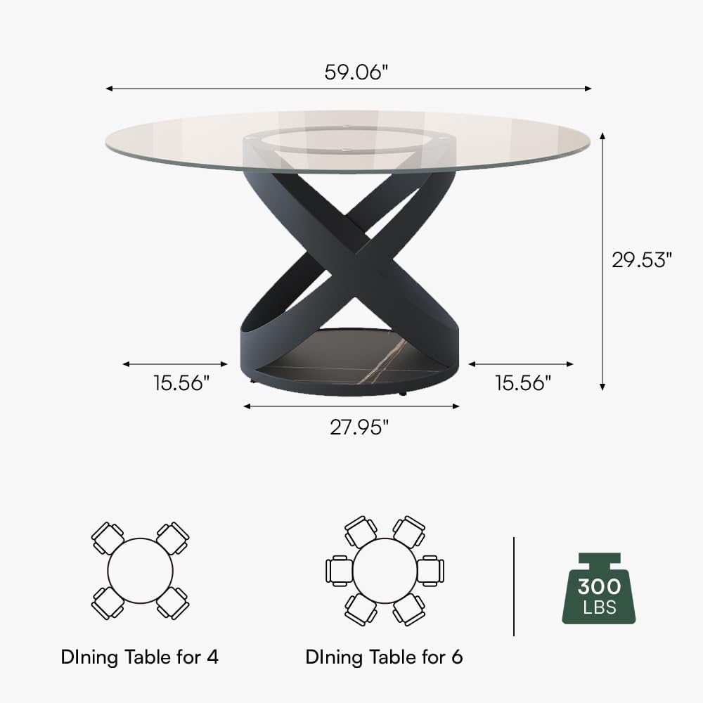 POVISON 59' Modern Round Dining Table, Glass Round Kitchen Table for 6, Glass Dining Room Table Top with Black X Carbon Steel Base for Dining Room (Dining Table Only)
