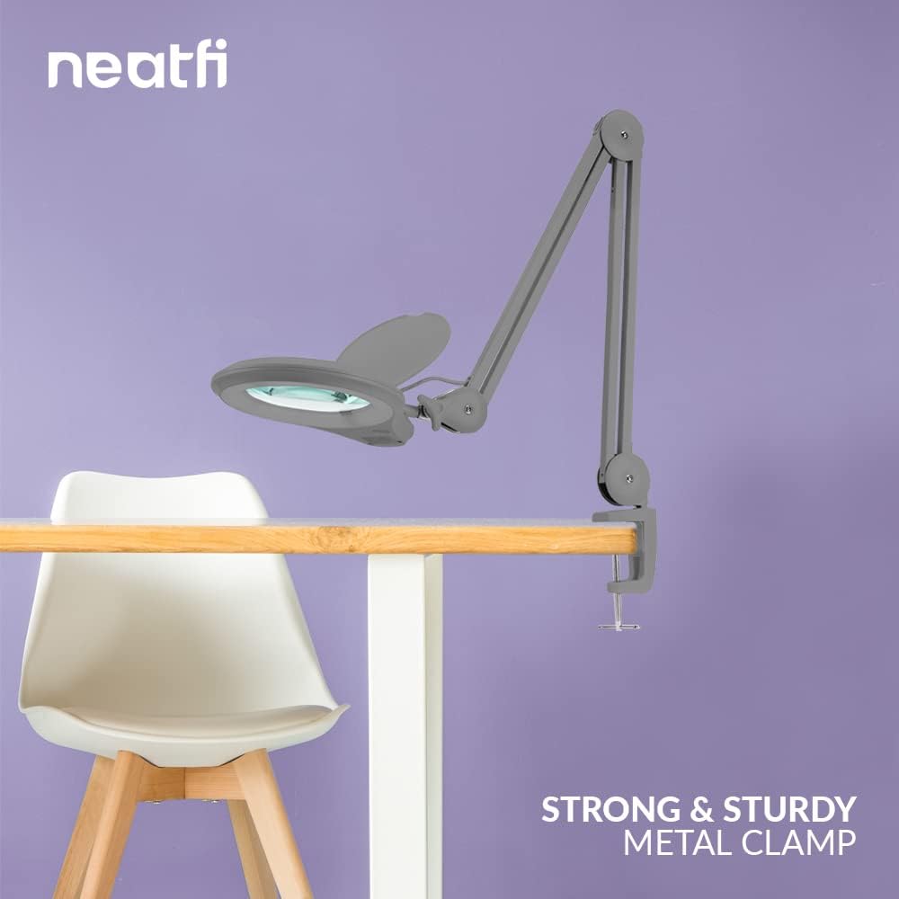 Neatfi LED Bifocal Magnifying Lamp 1,200 Lumens – 5' Glass Lens, Dual Magnification 2.25X/6X, Dimmable | Adjustable Arm with Clamp | Crafting, Jewelry & Reading (5 Diopter + 20 Diopter, Silver)
