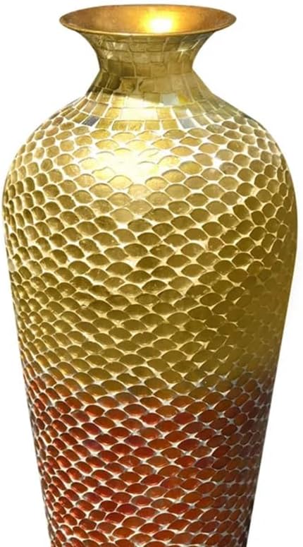 20 Inch Handmade Mosaic Floor Vase – Red Yellow Glass Metal Iron Accent for Pampas Grass, Entryway Styling, Boho Farmhouse & Modern Interiors