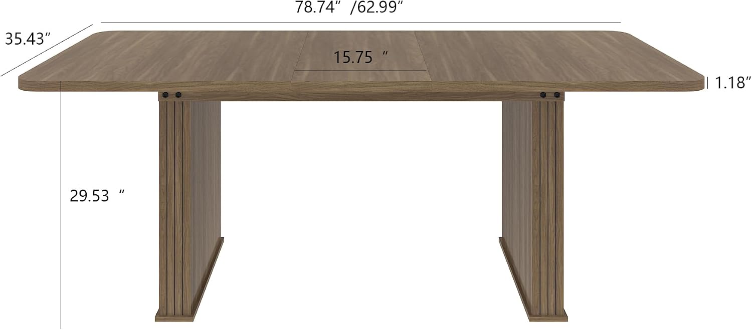 78.74'' Extendable Rectangular Dining Table for 4-8, Modern Mid-Century Wood Expandable Kitchen Dinner Conference Table for Living Room Office, Double Robust Pedestal, Brown