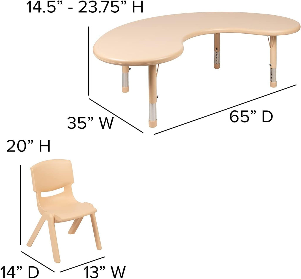 Flash Furniture 35'W x 65'L Half-Moon Natural Plastic Height Adjustable Activity Table Set with 4 Chairs