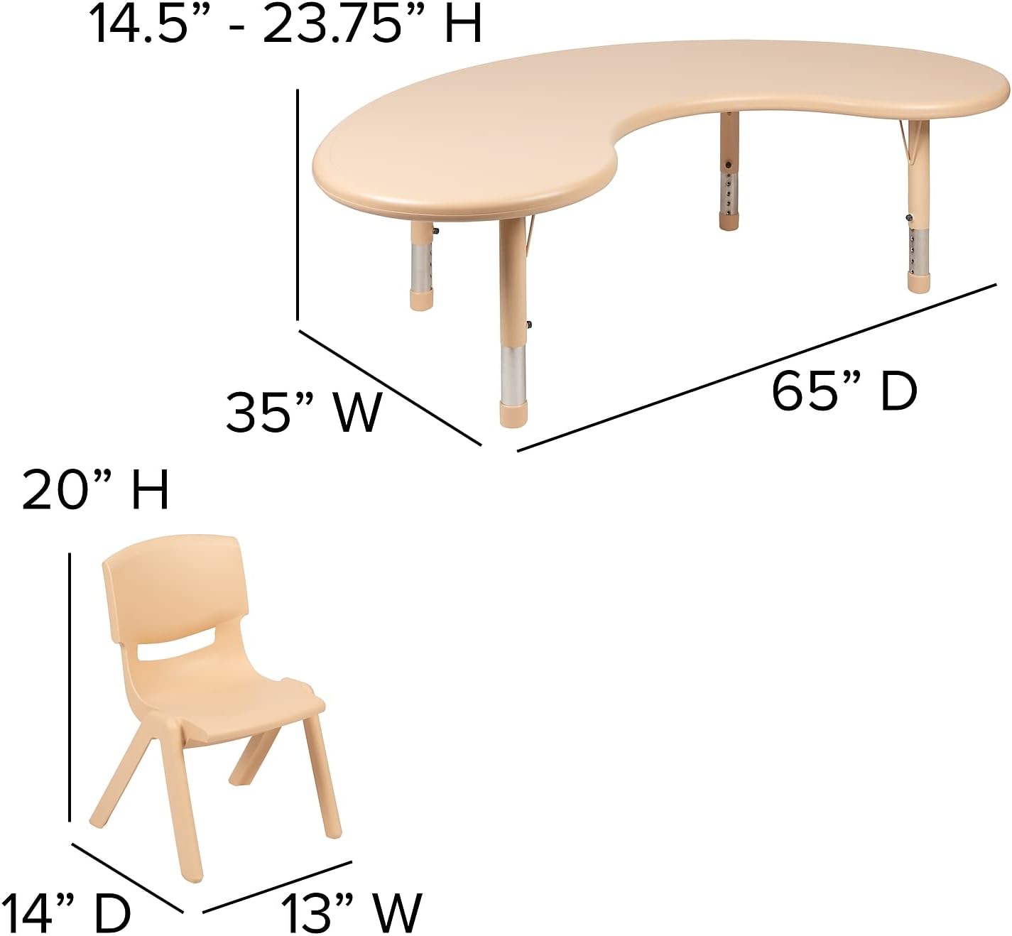 Flash Furniture 35'W x 65'L Half-Moon Natural Plastic Height Adjustable Activity Table Set with 4 Chairs