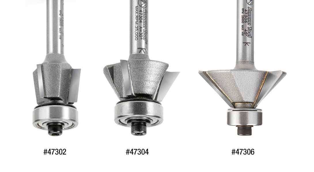 Amana Tool 47309 Carbide Tipped Chamfer 45 Deg Angle x 1-3/4 D x 3/4 CH x 1/2 Inch SHK w/Ball Bearing 4-Flute Router Bit