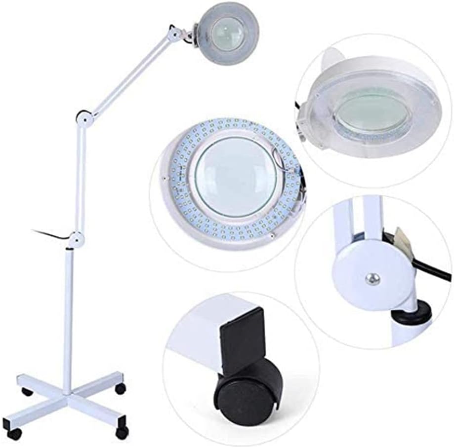 Magnifying Glass,Beauty Magnifying Lamp LED Floor Lamp with 4 Wheels Rolling Base and Adjustable Arm Lighted Magnifier for Reading, Crafts, Sewing, Close Work, Beauty Salon