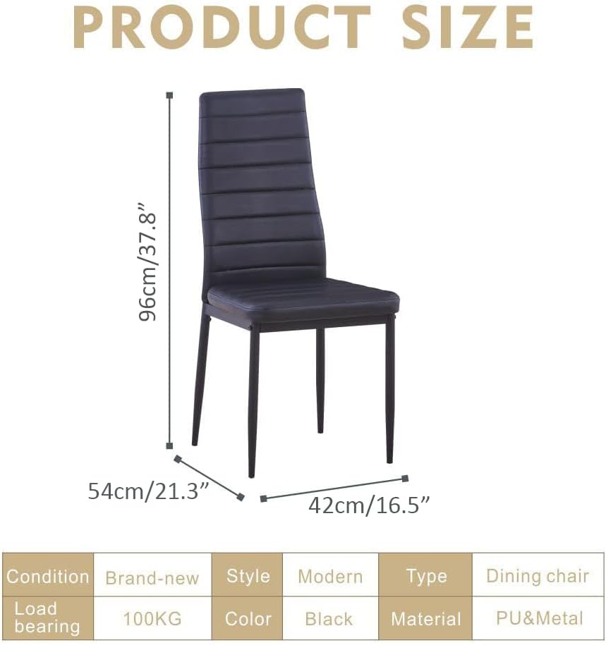 5 Piece Dining Table Table Set, Tempered Glass Dining Table Set for 4 Kitchen Table Set with 4 Upholstered High-Back Chairs for Kitchen Dining Room (Black Table with Black Chair)