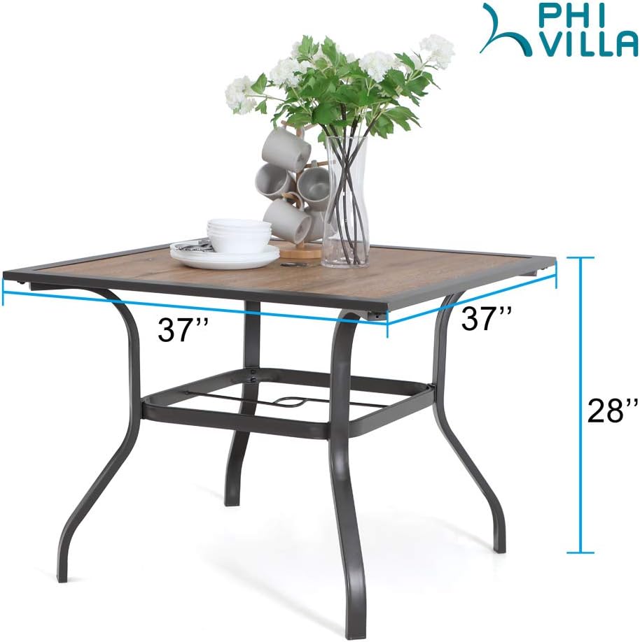 PHI VILLA Patio Dining Table for Outside, 37' x 37' Square Outdoor Dining Table for 4, Premium PVC Table Top with 1.57' Umbrella Hole and Metal Frame