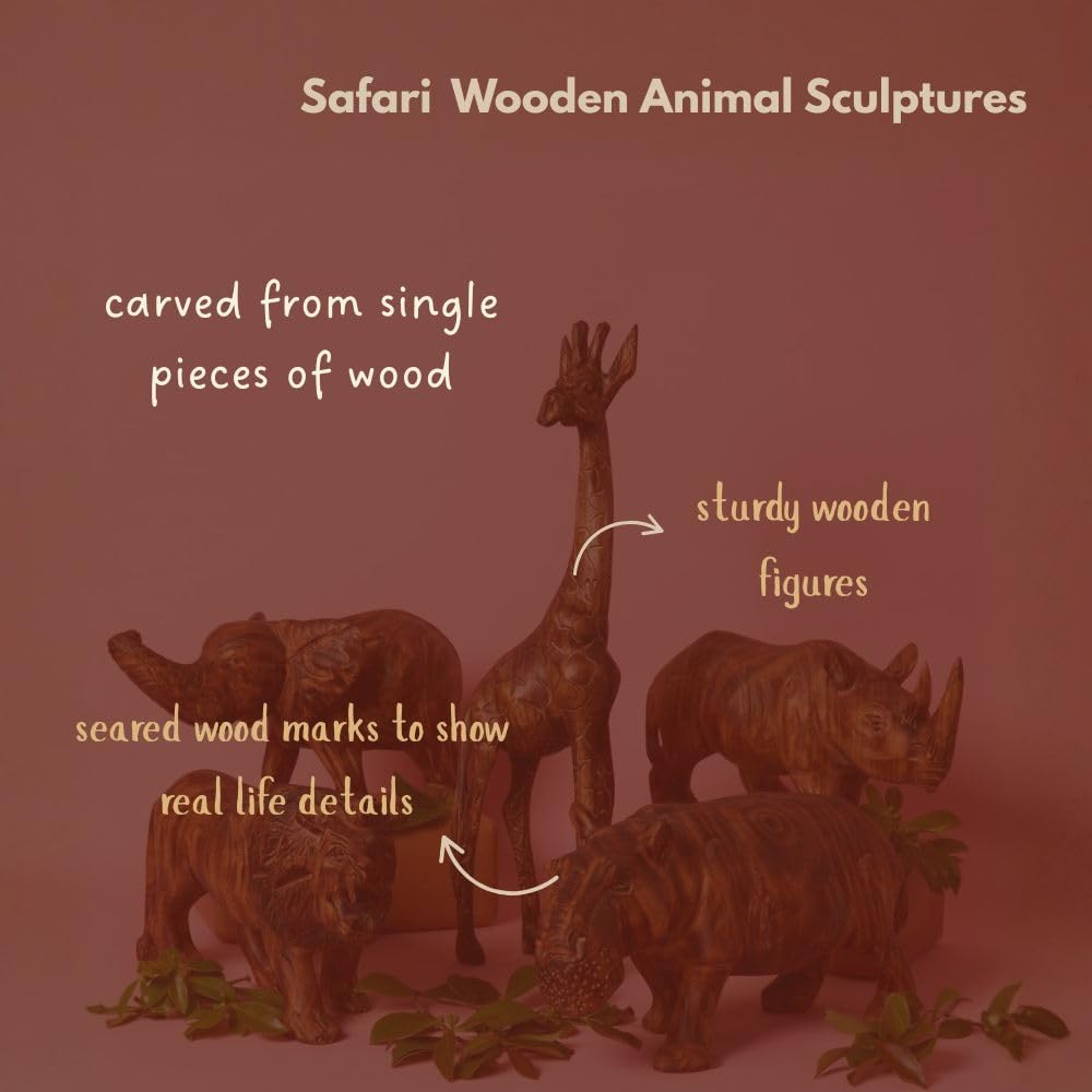 Large Wood Animal Sculptures Set for Room Decor, Giraffe, Hippo, Rhino, Lion and Elephant Statues, Brown
