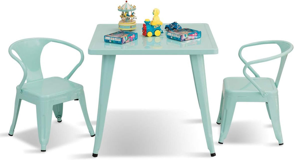 Costzon Kids Table and 2 Chair Set for Indoor/Outdoor Use, Steel Table and Stackable Chairs, Preschool, Bedroom, Playroom, Home, Furniture for Toddlers Boys & Girls(Mint Green, Table & Chairs)