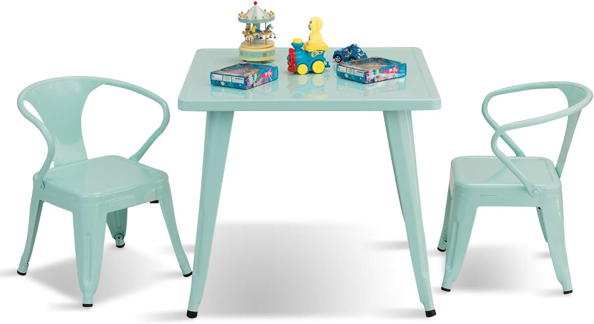Costzon Kids Table and 2 Chair Set for Indoor/Outdoor Use, Steel Table and Stackable Chairs, Preschool, Bedroom, Playroom, Home, Furniture for Toddlers Boys & Girls(Mint Green, Table & Chairs)