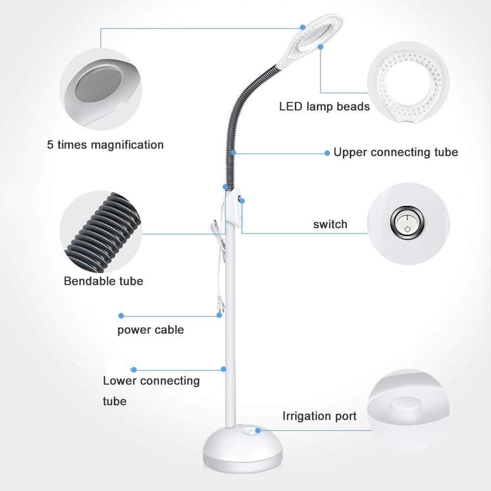 Magnifying Glass,Creative Craft Floor Standing Magnifying Lamp, Adjustable Swivel Arm 5X Magnifier Lamp Light for Skincare Beauty Manicure Tattoo Salon Spa with Rolling Floor Stand Magnifier
