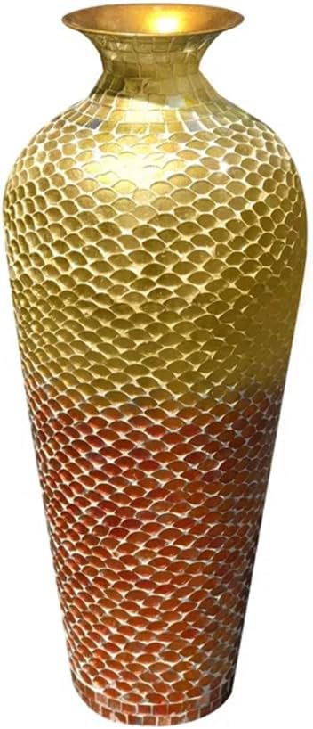 20 Inch Handmade Mosaic Floor Vase – Red Yellow Glass Metal Iron Accent for Pampas Grass, Entryway Styling, Boho Farmhouse & Modern Interiors