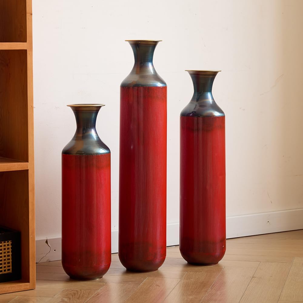 Floor Metal Decorated Vases Set of 3 for Gorgeous Home Decoration Large Glazed Metal Vases (Red)