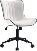 YOUNIKE White Armless Office Chair Faux Leather Small Cute Desk Chair with 12° Rocking Back Adjustable Height Swivel Vanity Chair Ergonomic Compact Home Computer Rolling Task Chair for Small Spaces