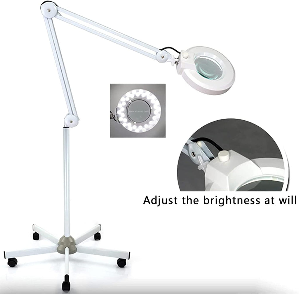 5X LED Beauty Magnifying Floor Lamp with 5 Wheels Rolling Base, Dimmable, Adjustable Arm Lighted Magnifier for Reading, Crafts & Pro Tasks