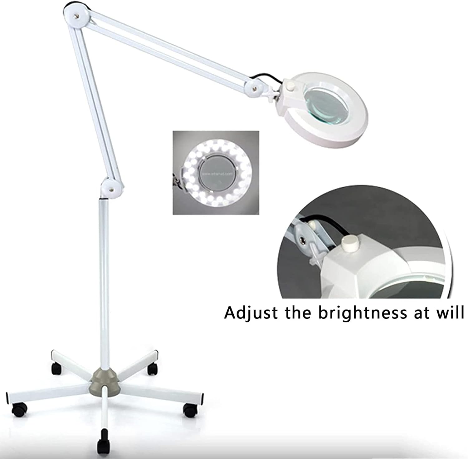 5X LED Beauty Magnifying Floor Lamp with 5 Wheels Rolling Base, Dimmable, Adjustable Arm Lighted Magnifier for Reading, Crafts & Pro Tasks