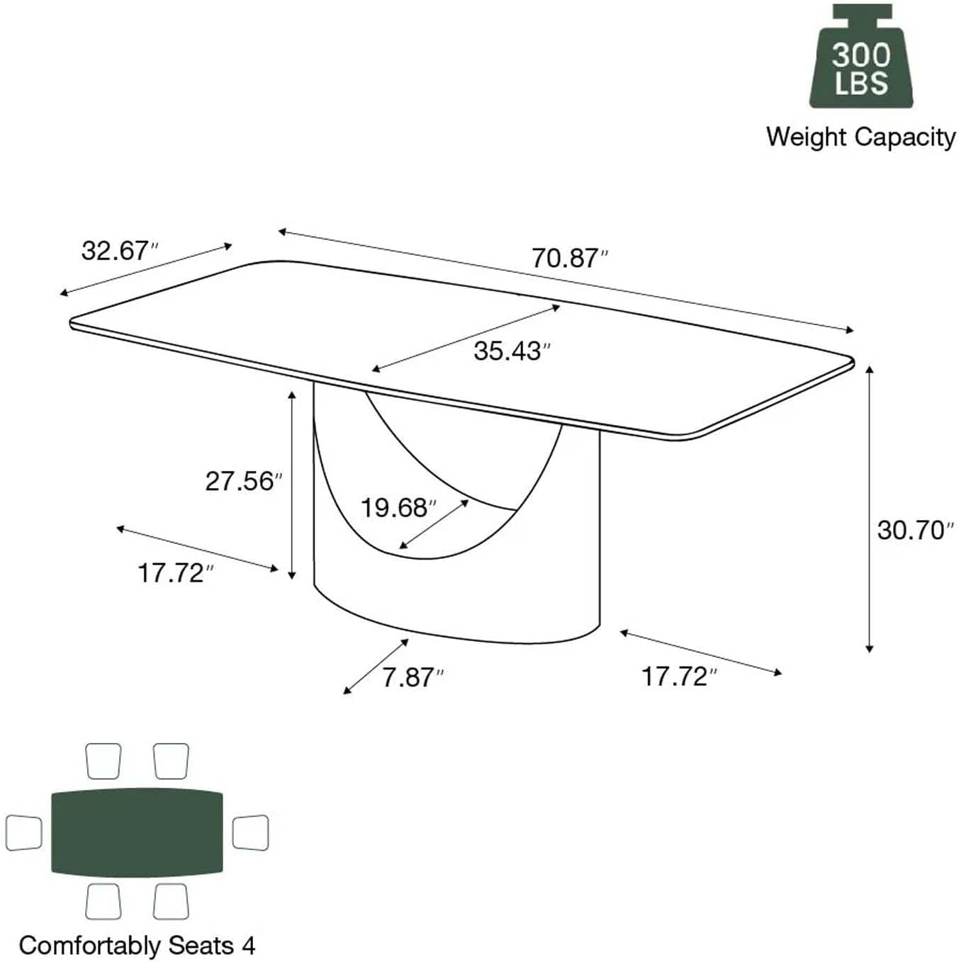 POVISON 71' Modern Dining Table for 6, Glossy White Dining Room Table, Sintered Stone Minimalist Tabletop with Gray Carbon Steel Pedestal, 71 inch Rectangle Dining Table (Table Only)