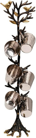EMANUEL Yair Kiddush Cup Set - Hammered Metal Wine Cups on Tree of Life Stand - Set of 6