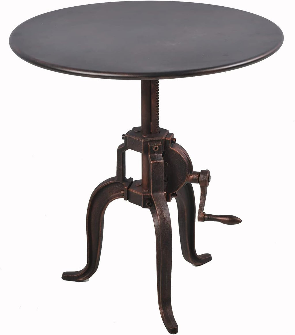 Industrial Heavey Duty Iron Sofa Side Table Crank Lift Up-and-Down Small Round Tea Table, Copper…