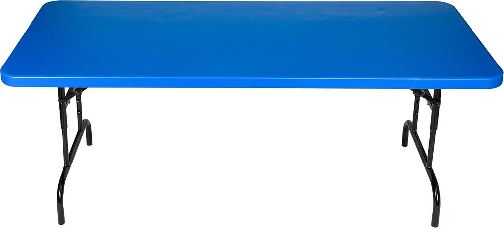 OEF Furnishings OEFBTA-3072-04 Adjustable-Height Commercial-Grade Premium Industrial Folding Table, 6-Foot Pedestal-Leg Design with 17-Gauge Steel Frame and Thick Double-Wall Top (72' × 30', Blue Top)