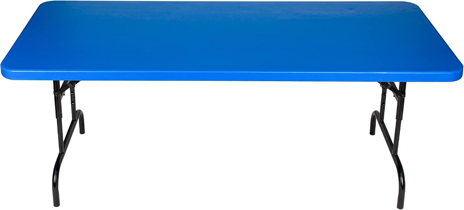 OEF Furnishings OEFBTA-3072-04 Adjustable-Height Commercial-Grade Premium Industrial Folding Table, 6-Foot Pedestal-Leg Design with 17-Gauge Steel Frame and Thick Double-Wall Top (72' × 30', Blue Top)