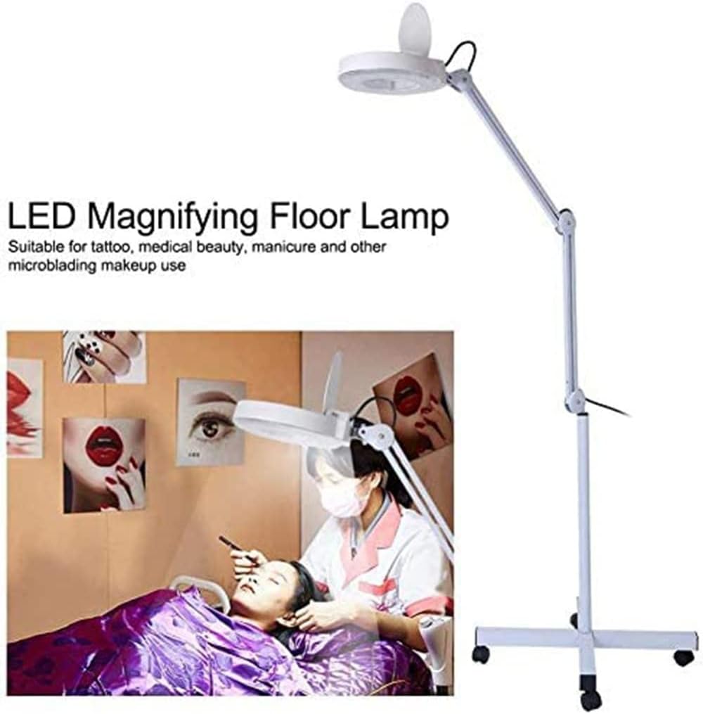 Magnifying Glass,Beauty Magnifying Lamp LED Floor Lamp with 4 Wheels Rolling Base and Adjustable Arm Lighted Magnifier for Reading, Crafts, Sewing, Close Work, Beauty Salon