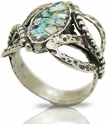 Oval roman glass ring set in a oval hammered silver ring