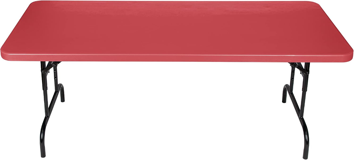 OEF Furnishings OEFBTA-3072-40 Adjustable-Height Commercial-Grade Premium Industrial Folding Table, 6-Foot Pedestal-Leg Design with 17-Gauge Steel Frame and Thick Double-Wall Top (72' × 30', Red Top)