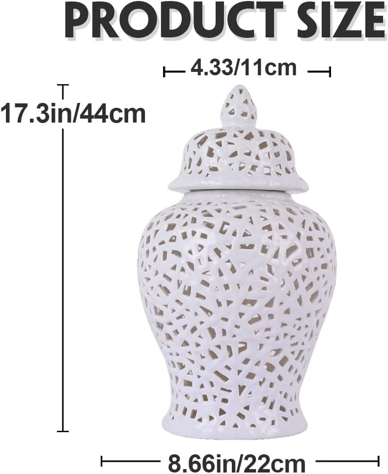 White Pierced Ginger Jar Vase with Lid - 15.7' Tall White Decorative Ceramic Jar for Home Decor, Centerpiece for Living Room, Dining Room, Entryway, or Office, Large White Vase for Flowers