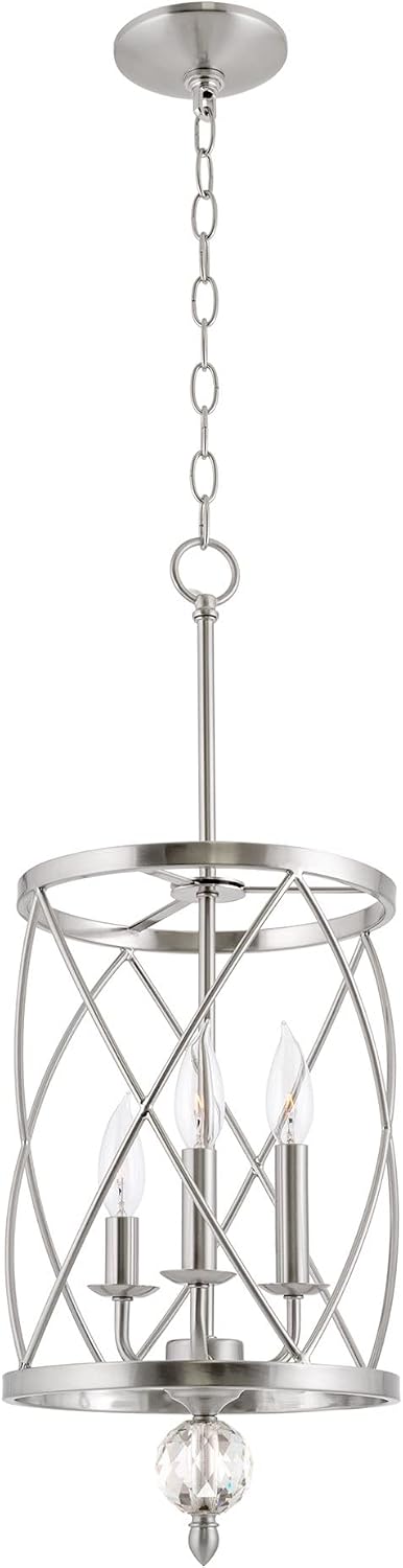 Kira Home Eleanor 27' Modern 3-Light Geometric Lantern Chandelier, Cylinder Trellis Cage Pendant Light with Crystal Finial, Brushed Nickel Finish