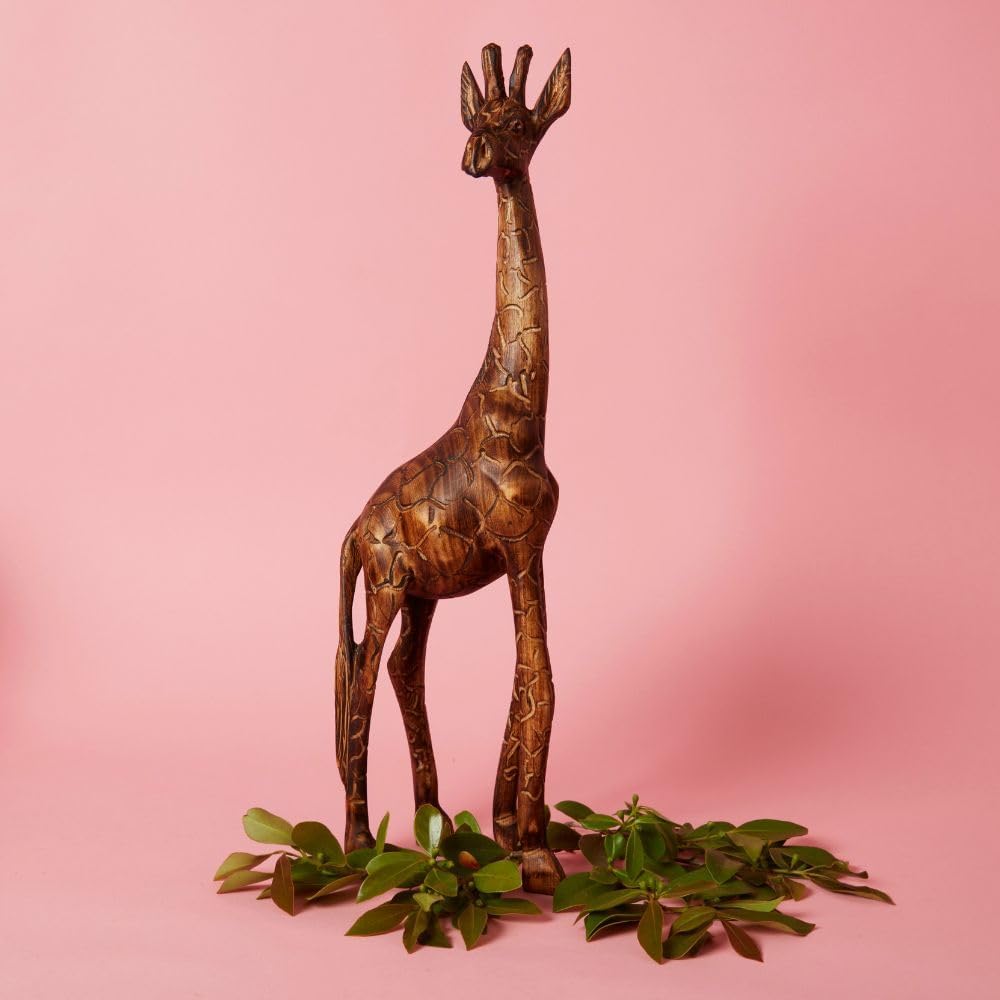 Large Wood Animal Sculptures Set for Room Decor, Giraffe, Hippo, Rhino, Lion and Elephant Statues, Brown