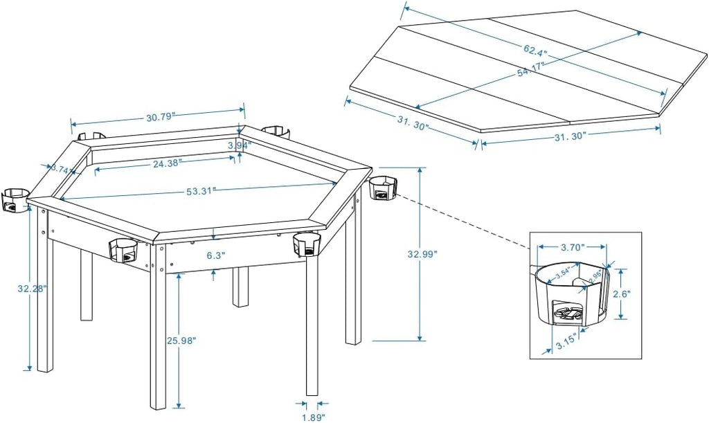 Board Game Table with Rotating Cup Holders for 6 Players, Hexagon Gaming and Dining Table with Removable Table Top & Non-Slip Play Mat, Multifunctional Table with for DND/Poker/Card Games