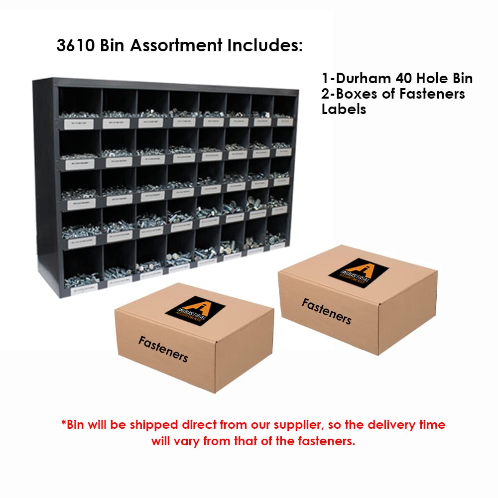 3,610 pcs Grade 8 Coarse Hardware Assortment Kit with Hex Cap Screws, Hex Nuts, Washers, & Durham 40 Hole Metal Bin