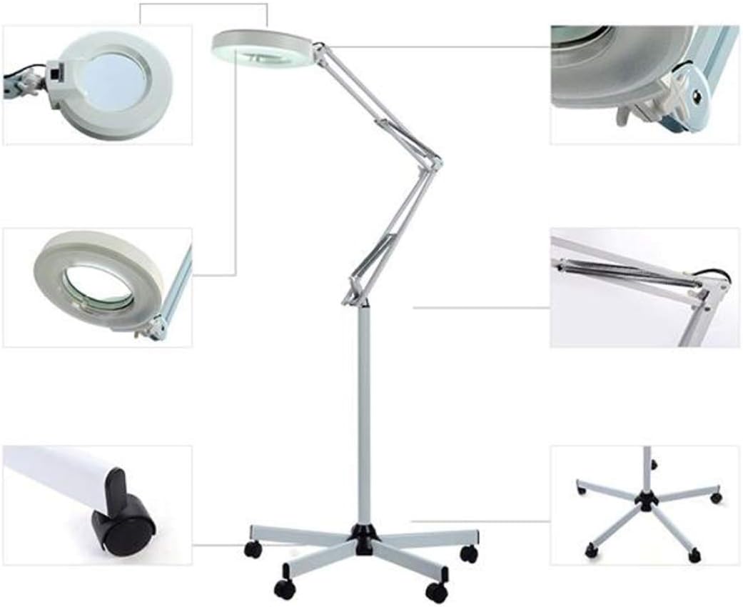 Magnifying Floor Lamp 8X LED Magnifier Floor Lamp - Salon 5 Wheel Rolling Base Adjustable Swivel Arm Reading Magnifier Lamp with Gooseneck