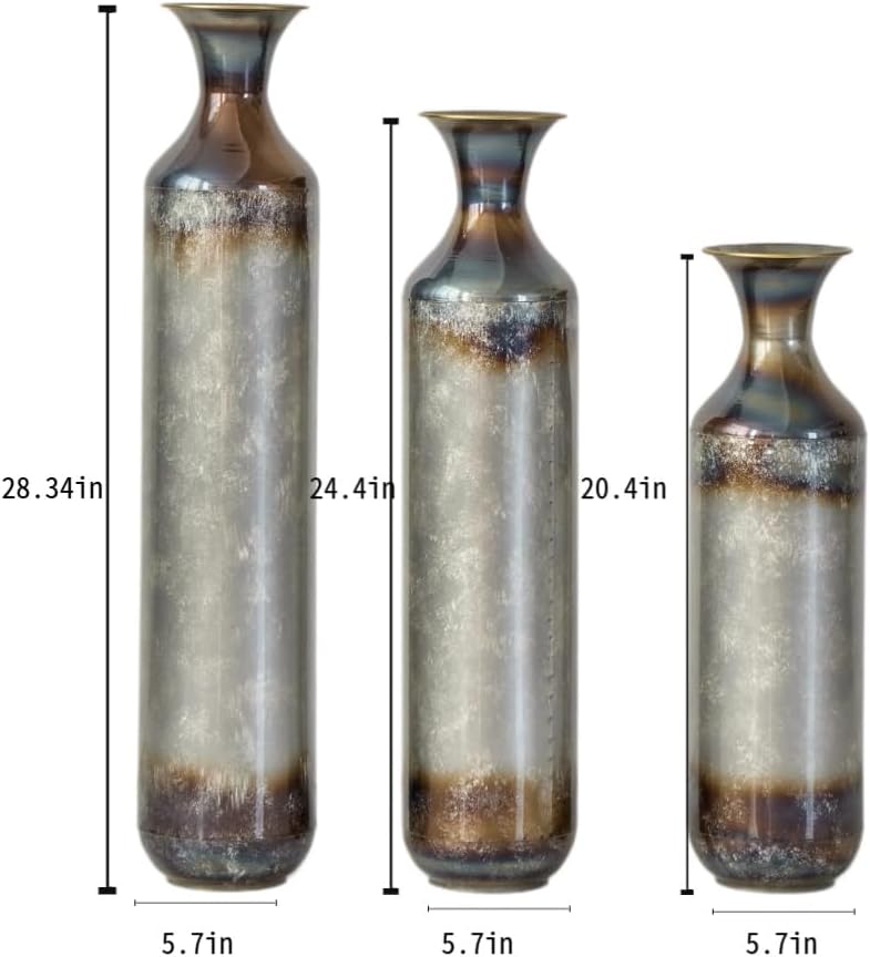 Tall Floor Vases Set of 3 - Modern White & Gold Metal Vases for Home Decor, Large Decorative Vase for Living Room, Entryway, Wedding & Centerpiece Display