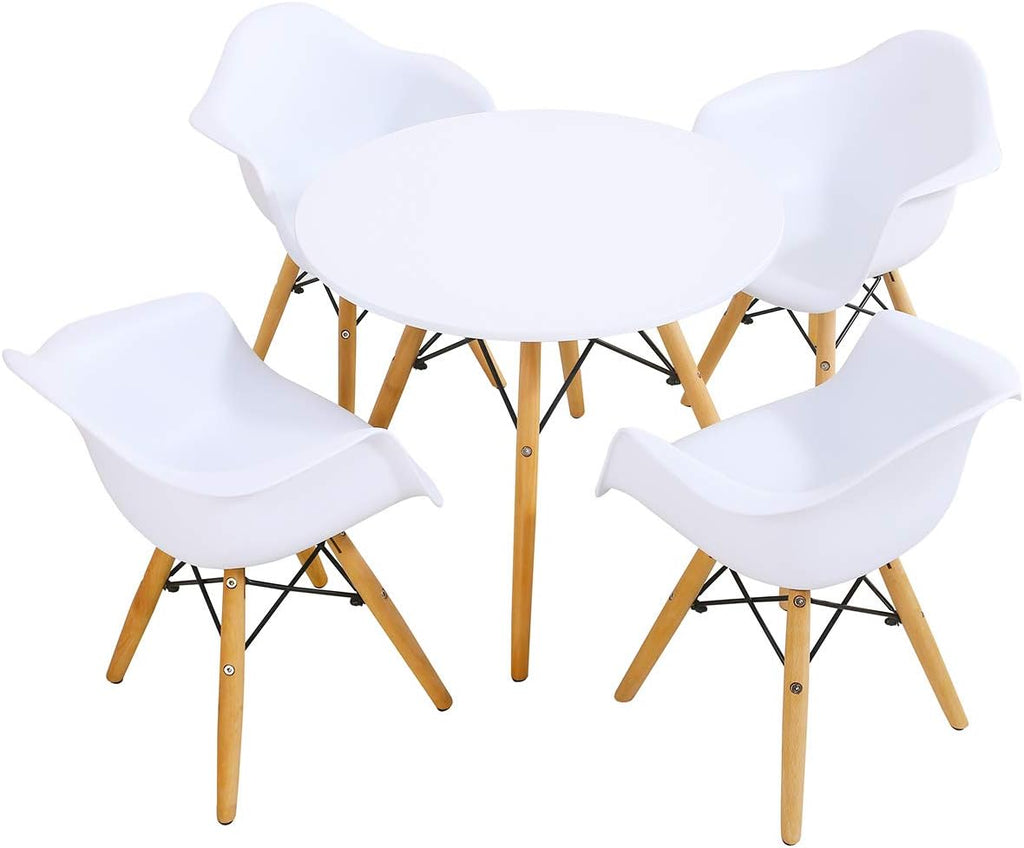 Costzon Kids Table and Chair Set, Mid-Century Modern Style Table Set Round Table with Armchairs for Toddler Children, Kids Dining Table and Chair Set (White, Table & 4 Chairs)