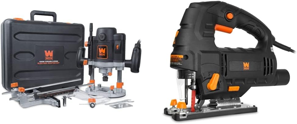 WEN 15-Amp Plunge Woodworking Router Kit + 6.6-Amp Variable Speed Orbital Jig Saw with Laser and LED Light