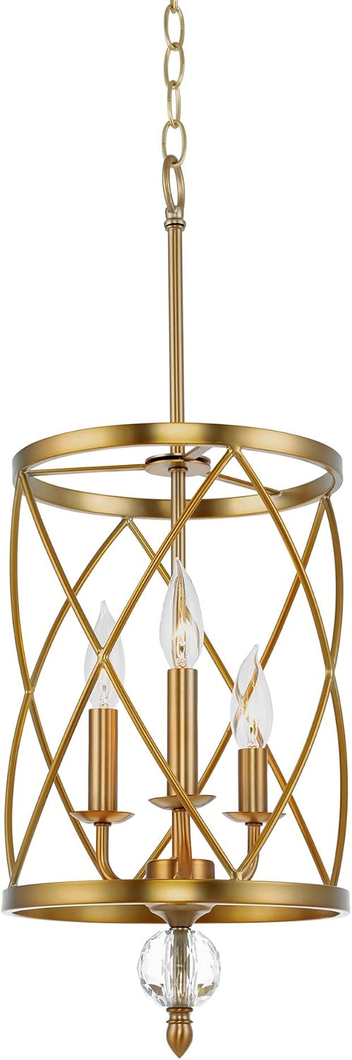 Kira Home Eleanor 27' Modern 3-Light Geometric Gold Lantern Chandelier, Cylinder Trellis Cage Gold Pendant Light with Crystal Finial, Warm Brass Finish