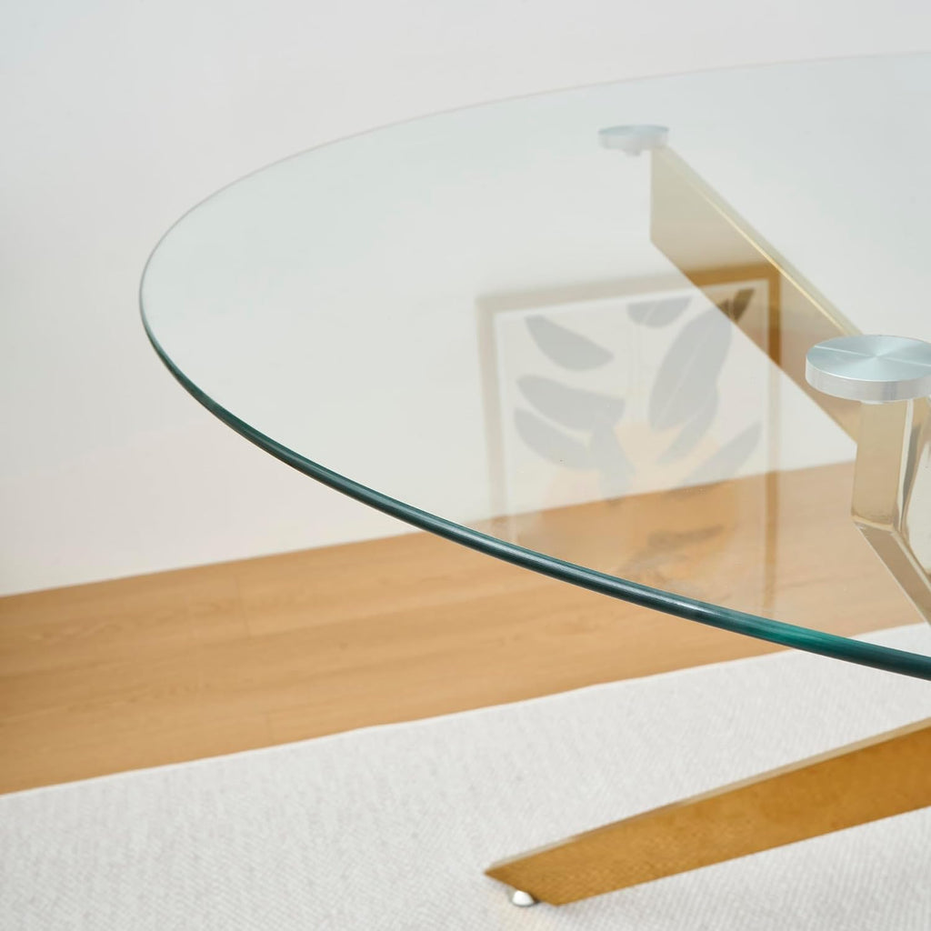 47.25' Round Dining Table for 6, Modern Clear Glass Kitchen Table for 6 with Gold X Metal Legs, Contemporary Small Circle Dining Room Leisure Tables for Kitchen Apartment