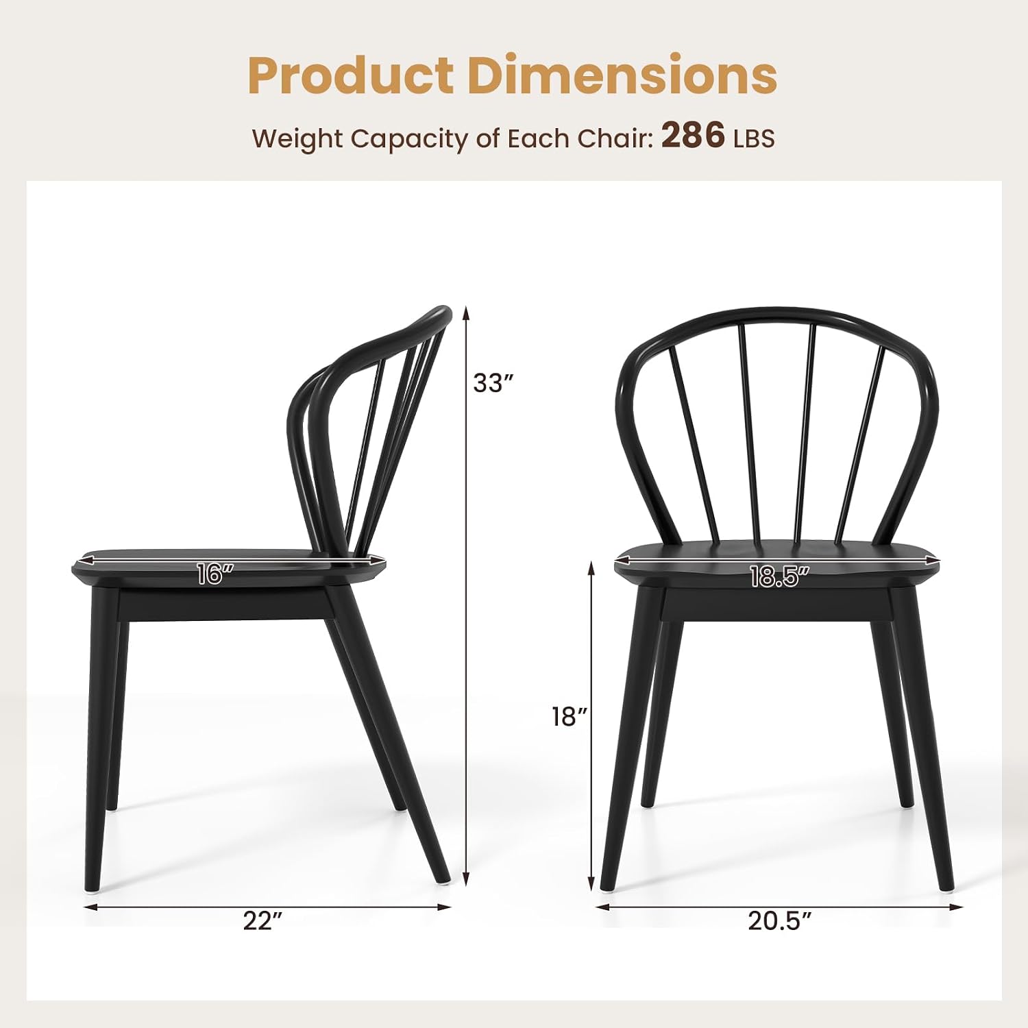 Giantex Wooden Dining Chairs Set of 2, Black Windsor Kitchen Chair w/High Spindle Back & Rubber Wood Legs, Wide Seat & Curved Backrest, Farmhouse Side Chairs, Armless Accent Chair for Home Restaurant