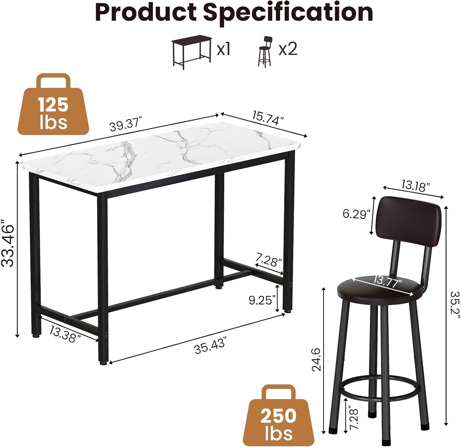 Recaceik 3 Piece Bar Table with Stools Set for 2, Modern Faux Marble High Top Small Dining Table and Chairs, Pub Bistro Set for Dining Room, Kitchen, Breakfast Nook, Small Space, Apartment