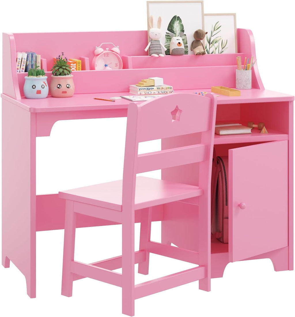 Kids Study Desk with Chair,Wooden Children Study Table, Kids Desk & Chair Sets with Hutch and Storage Cabinet for 3-12 Year Old, Student Writing Desk Computer Workstation for Kids Bedroom & Study Room