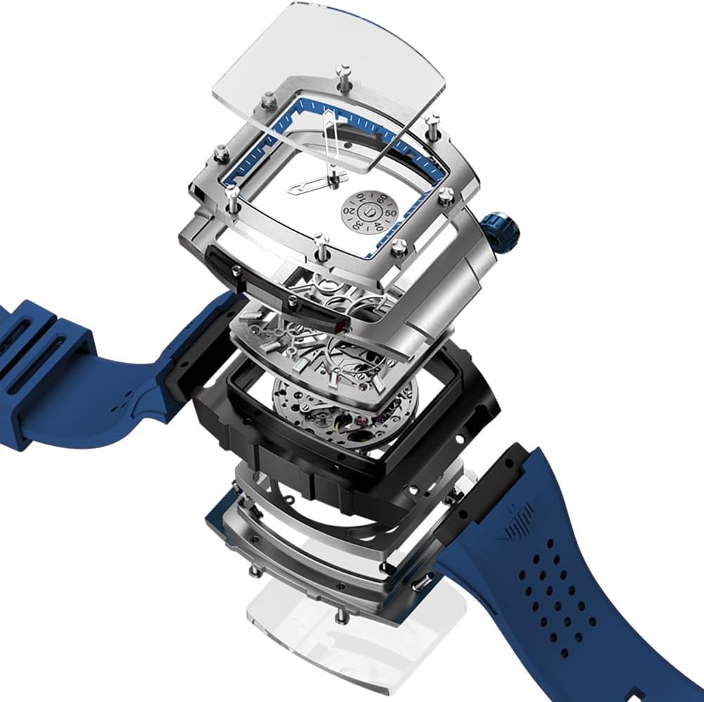 OLEVS Men Watches Business Dress Chronograph Big Square Quartz Analog Male Watch Silicone Strap Waterproof Date Gift Mens Wrsit Watch Silver