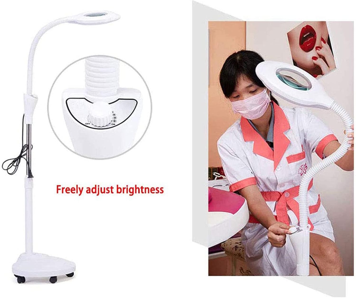 Magnifying Glass,LED Floor Standing Magnifying Lamp, Lamp, with Rolling Floor Stand Magnifier Floor Cold Light Magnifier for Embroidery Adjustable Arm Adjustable Beauty Salon