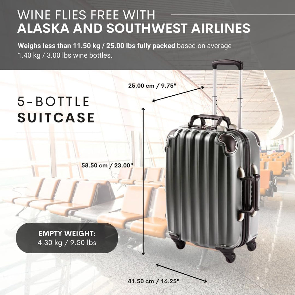 VinGardeValise® The Piccolo Wine Suitcase – 5-Bottle Travel Luggage, TSA-Approved, Durable Hard Shell, Shockproof Foam, Secure Bottle Protection for Enthusiasts & Collectors - Silver