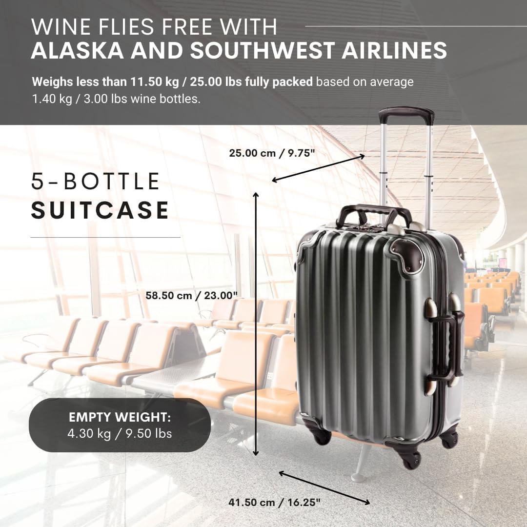 VinGardeValise® The Piccolo Wine Suitcase – 5-Bottle Travel Luggage, TSA-Approved, Durable Hard Shell, Shockproof Foam, Secure Bottle Protection for Enthusiasts & Collectors - Silver