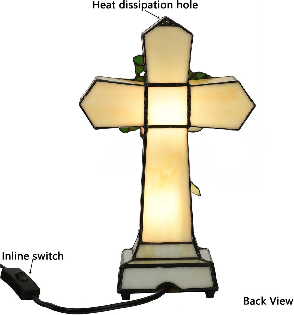 Bieye L10935 Christian Cross Tiffany Style Stained Glass Accent Table Lamp Night Light for Home Décor (Rose)