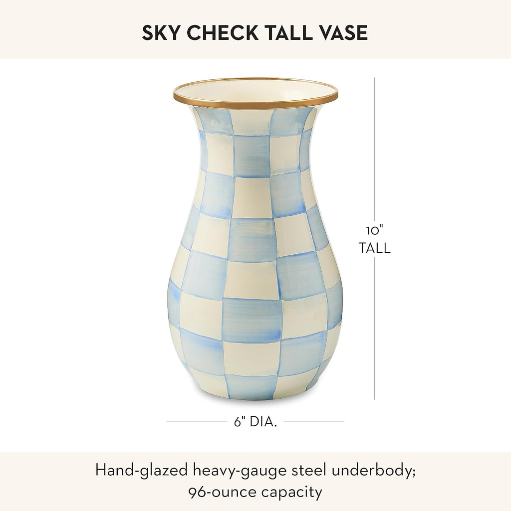 MACKENZIE-CHILDS Enamel Vase, Unique Flower-Vase Decor for Living Room, Tall, Light-Blue-and-White Sky Check
