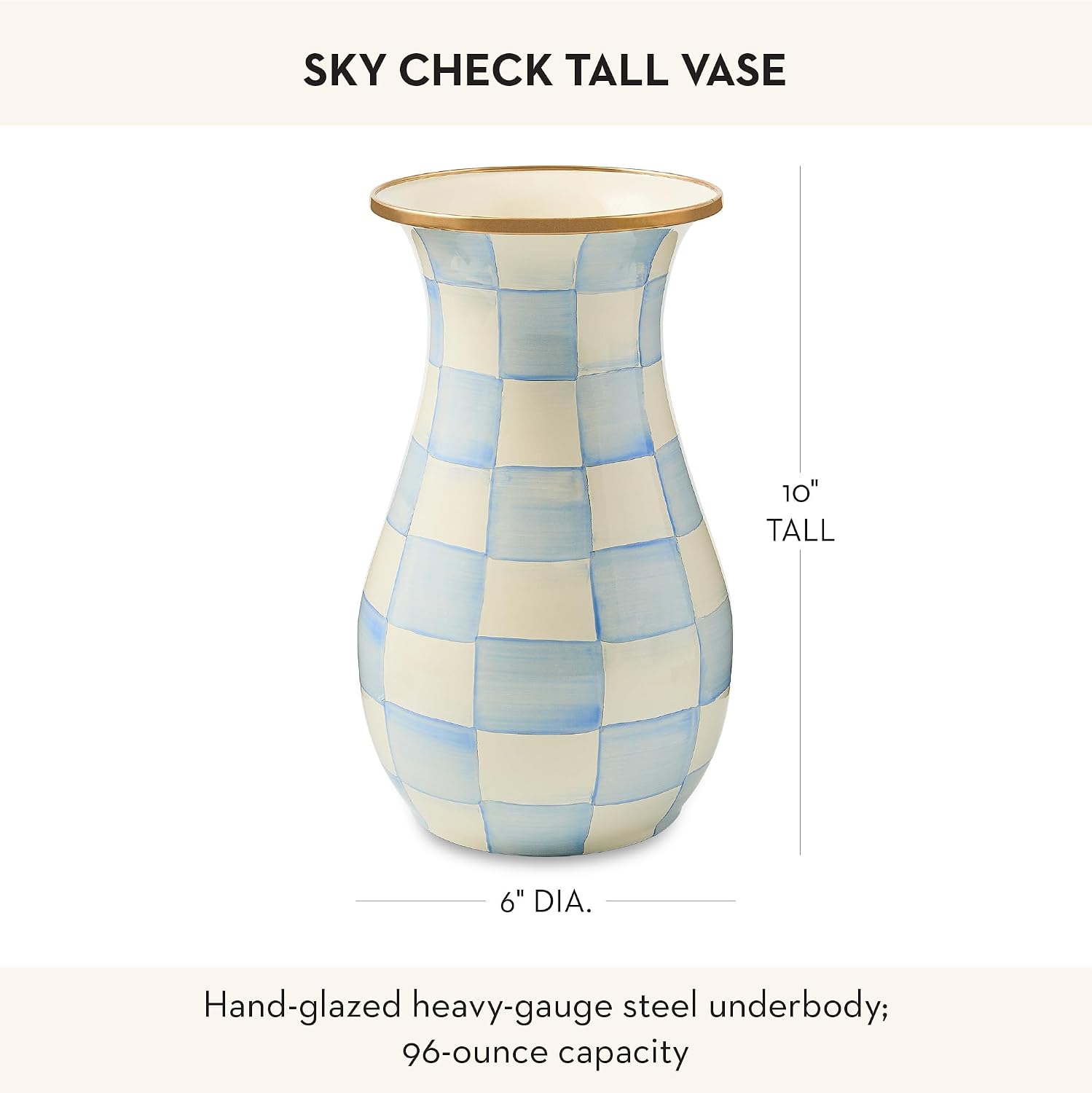 MACKENZIE-CHILDS Enamel Vase, Unique Flower-Vase Decor for Living Room, Tall, Light-Blue-and-White Sky Check